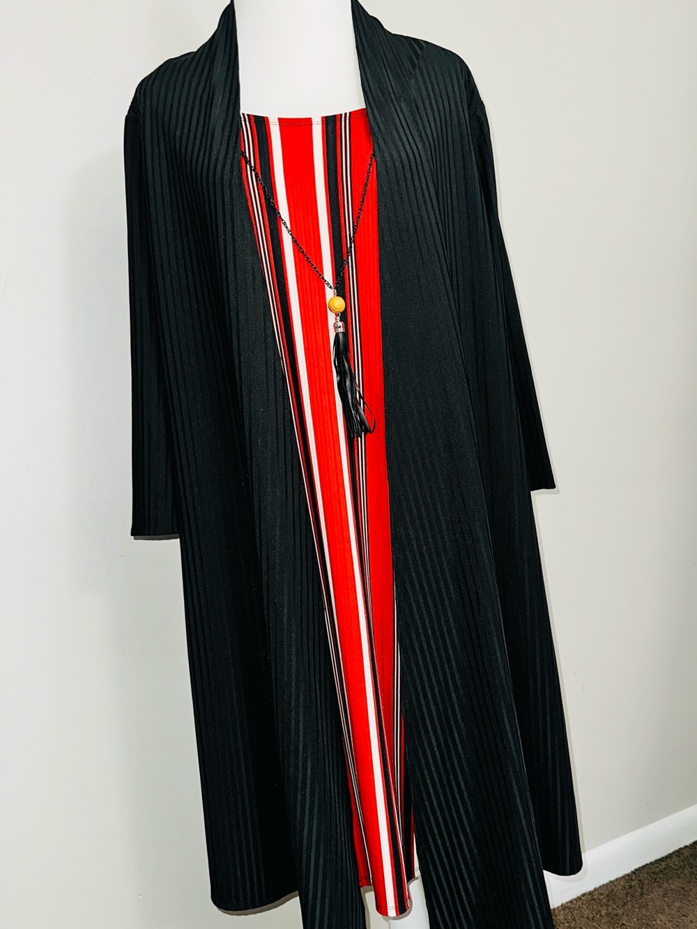 Black Open Front Duster with Red Striped Dress